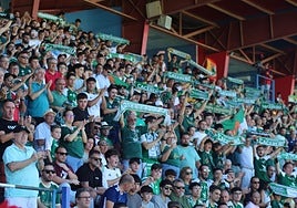 Afición verdiblanca en las gradas del Francisco de la Hera durante el partido ante el Arenteiro.