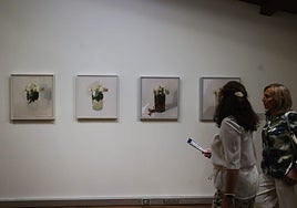 Dos mujeres contemplan la serie Rosas de Ávila, de Antonio López.