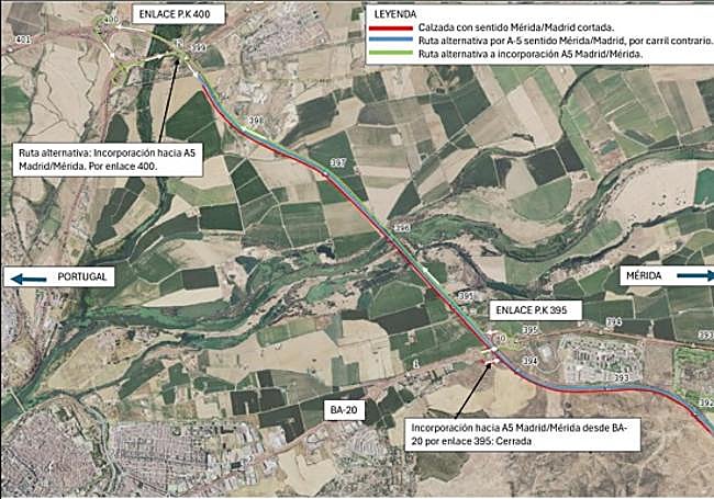 ruta alternativa para incorporarse a laA-5, con el enlace 395 cerrado, hacia Madrid-Mérida.