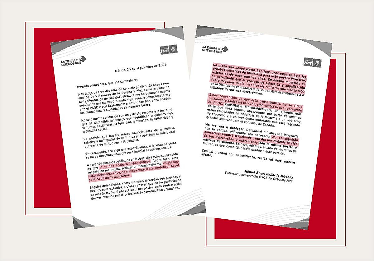 Carta enviada por Miguel Ángel Gallardo, secretario general del PSOE de Extremadura, a los militantes.