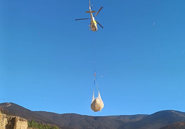 Un helicóptero transporta la paja para echarla en el monte.