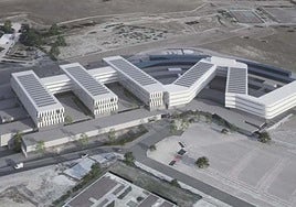 Recreación del hospital completo, con los tres módulos de la segunda fase a la izquierda.