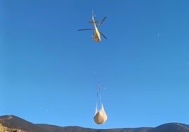 Trabajos de colocación de paja mediante helicóptero, lo que se conoce como 'helimulching'.