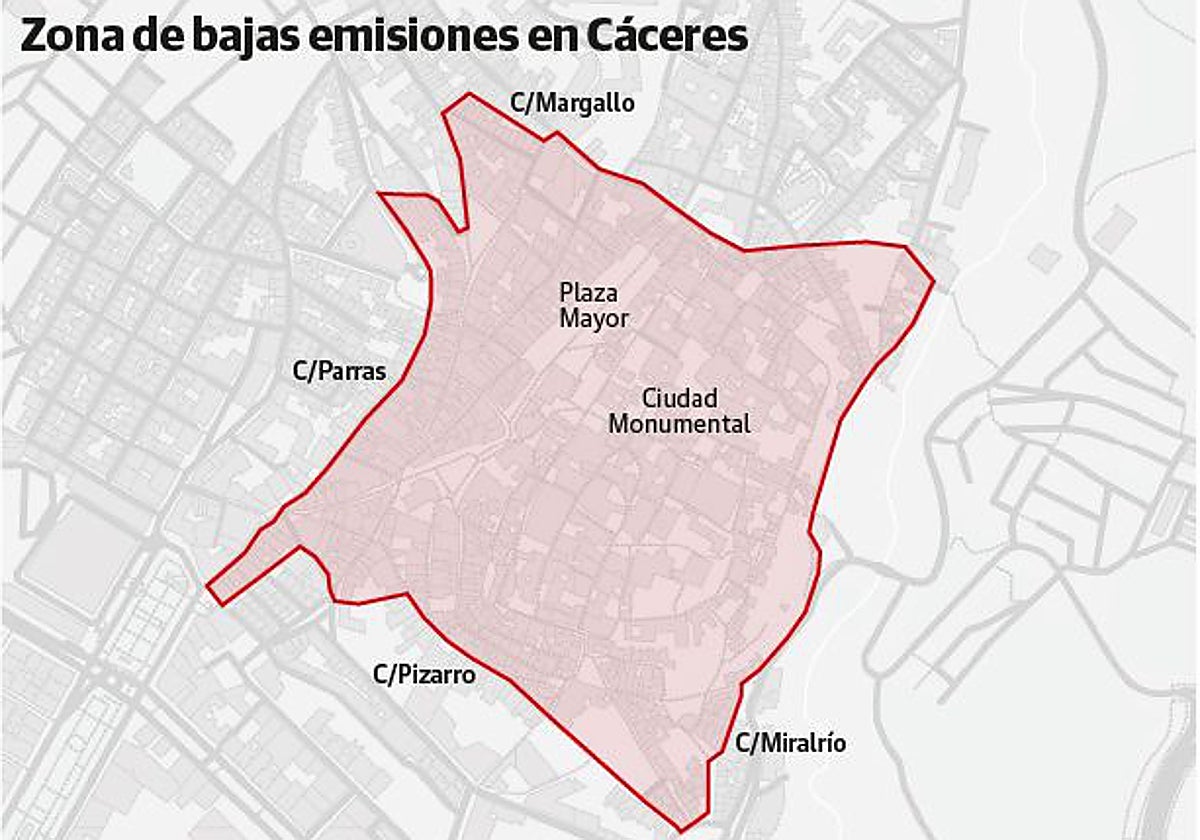 Zona de bajas emisiones delimitada por el Ayuntamiento de Cáceres.