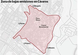 Zona de bajas emisiones delimitada por el Ayuntamiento de Cáceres.