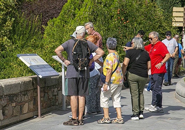 Un grupo de turista mira la información sobre el Puente Romano.