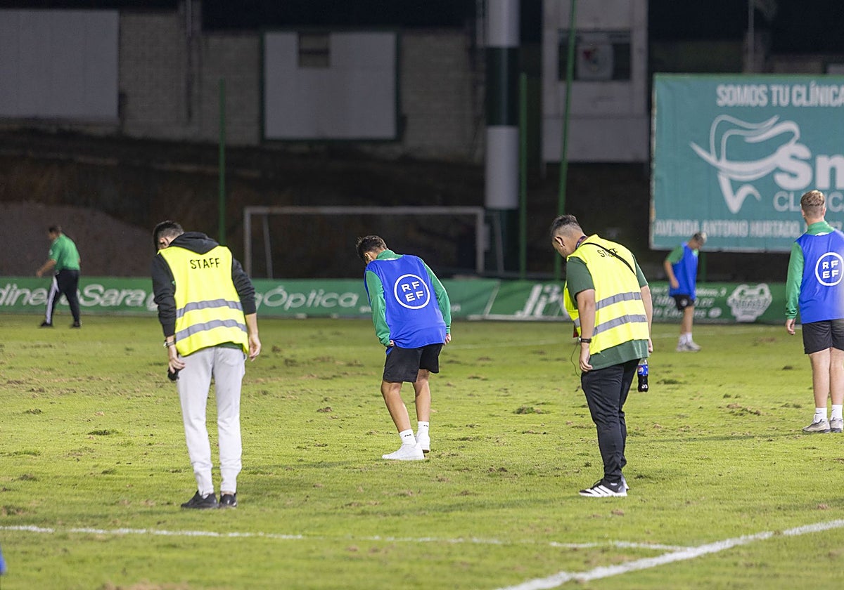 Empleados y colaboradores del Cacereño tratan de tapar los agujeros del césped en el descanso.