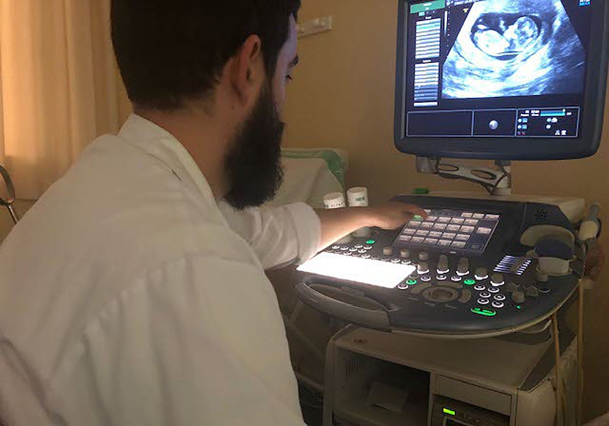 Un ginecólogo analiza una ecografía realizada a una mujer embarazada.