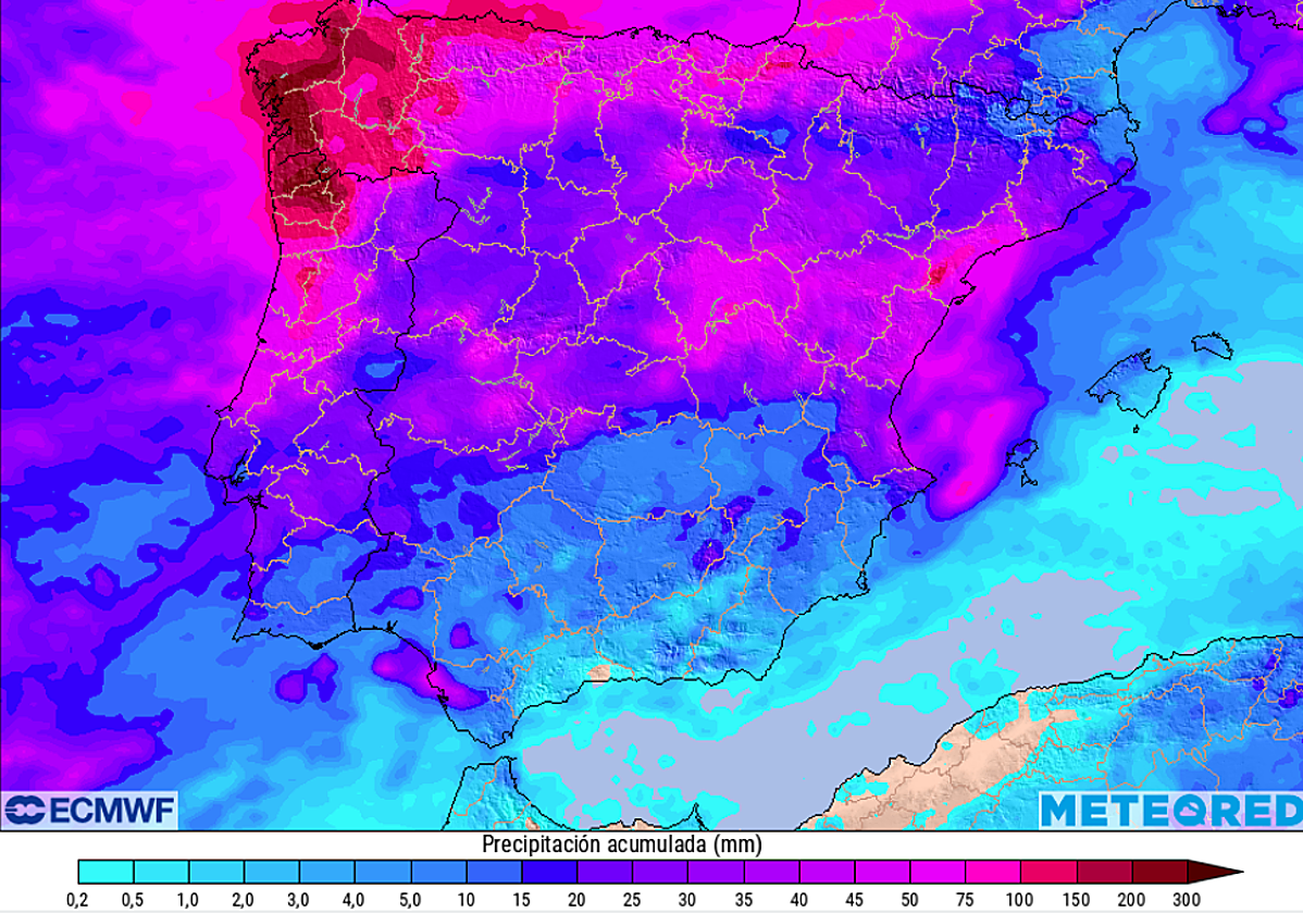 Precipitación acumulada en España, según la previsión de la ECMWF.