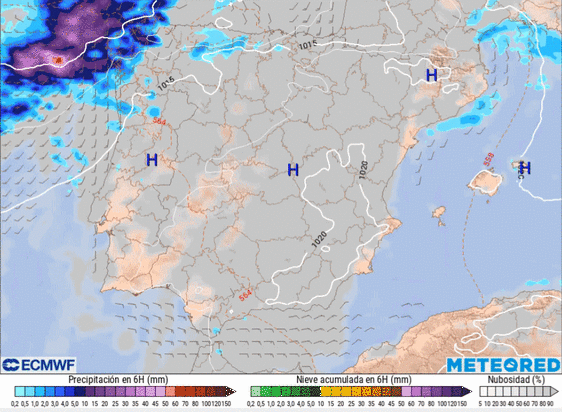 Precipitación acumulada en España, según la previsión de la ECMWF.
