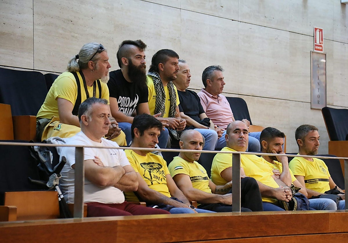 Bomberos este jueves, en la tribuna de la Asamblea, durante la celebración del pleno.