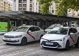 Taxis estacionado en la parada de la plaza de América de Cáceres, una de las que más movimiento tiene.