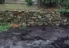 Río con ceniza del incendio de Jarilla a su paso por la localidad de Gargantilla tras la intensa lluvia de este miércoles.