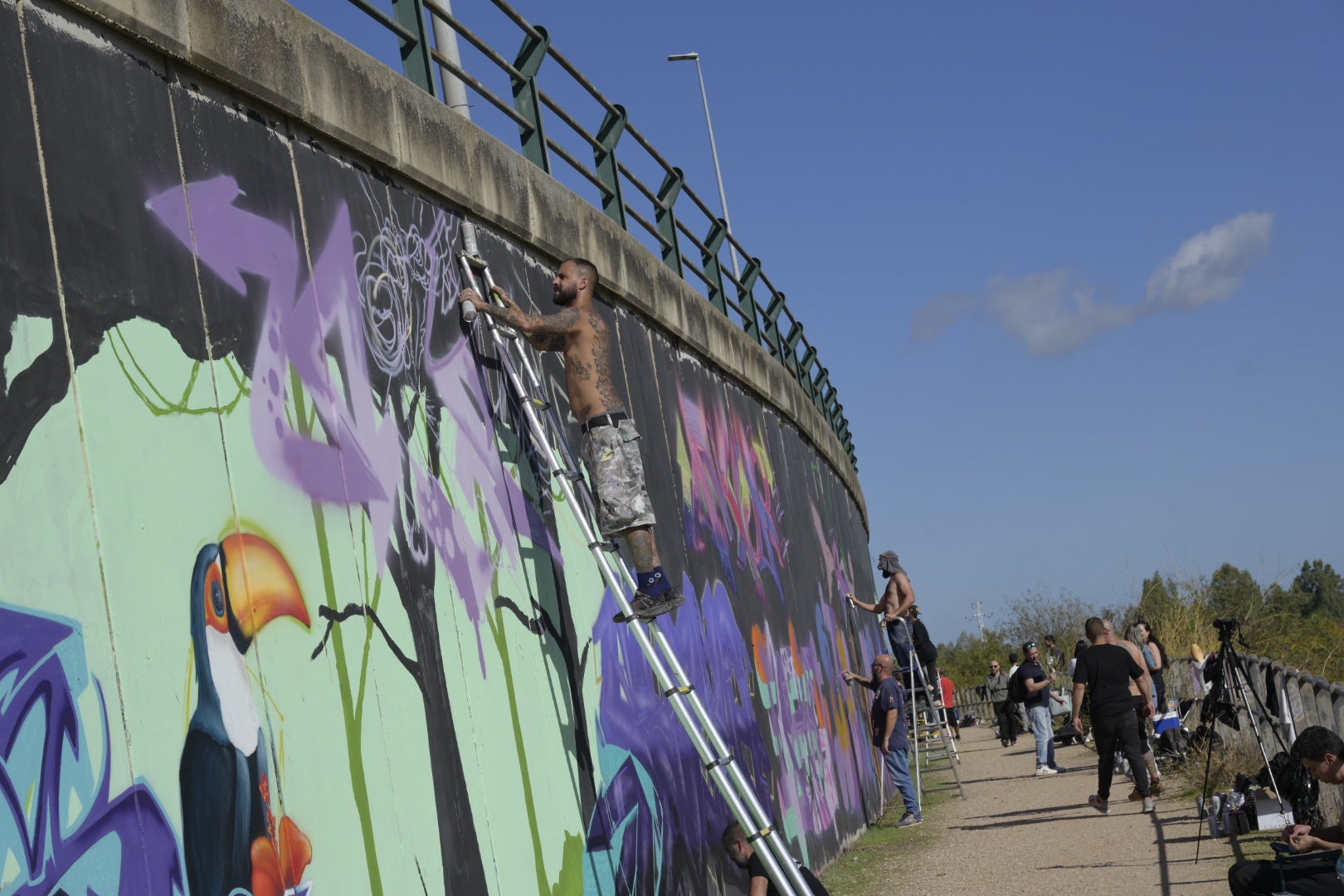 Los ilustradores han usado escaleras altas que les han permitido llegar hasta la parte más alta de la pared.