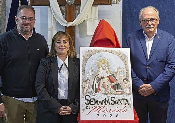 Antonio Rodríguez Osuna, Ana Aragoneses y Luis Miguel González, junto al cartel de la Semana Santa emeritense de 2026.