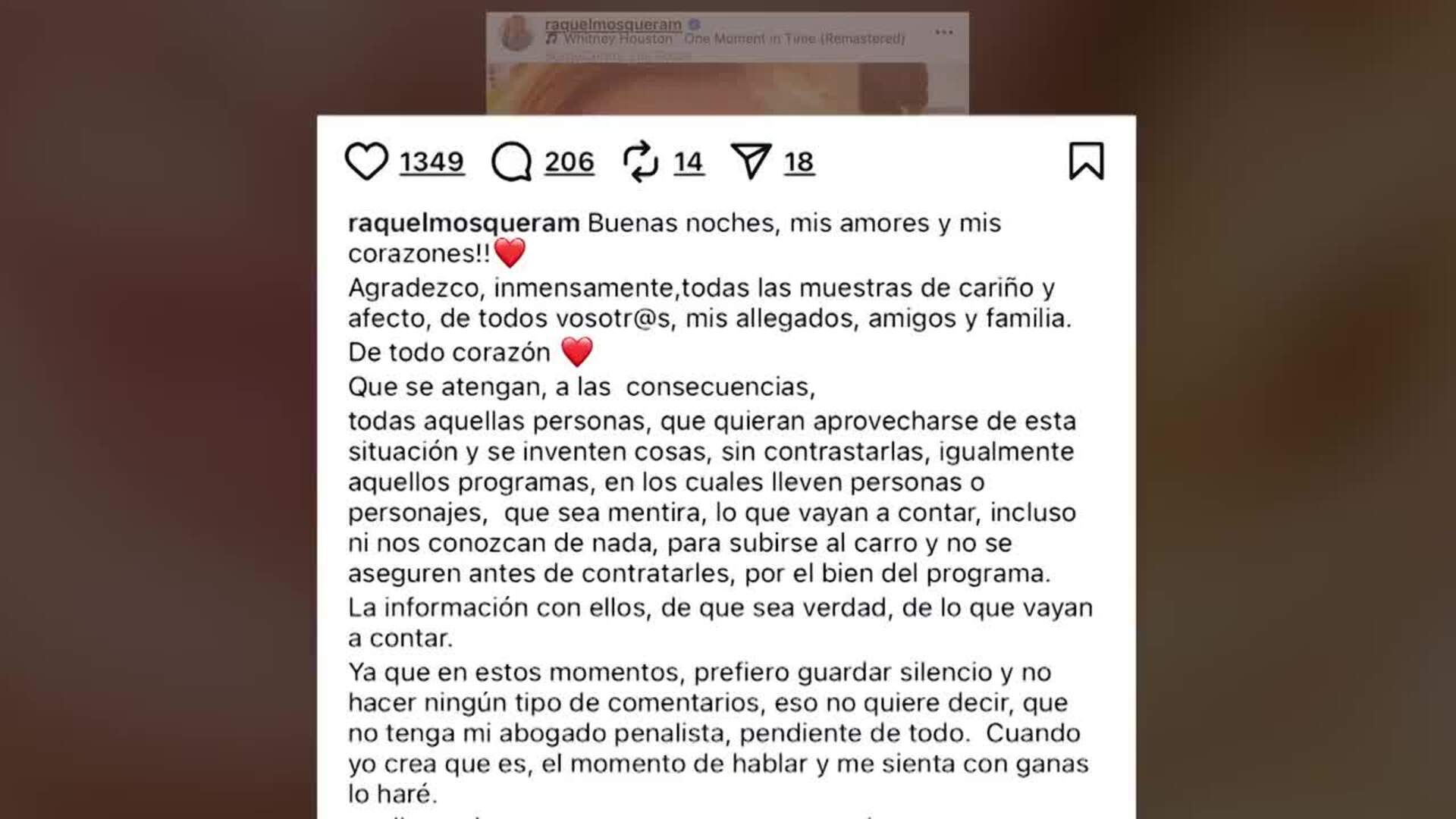 Raquel Mosquera emite un comunicado urgente tras salir a la luz la detención de su marido