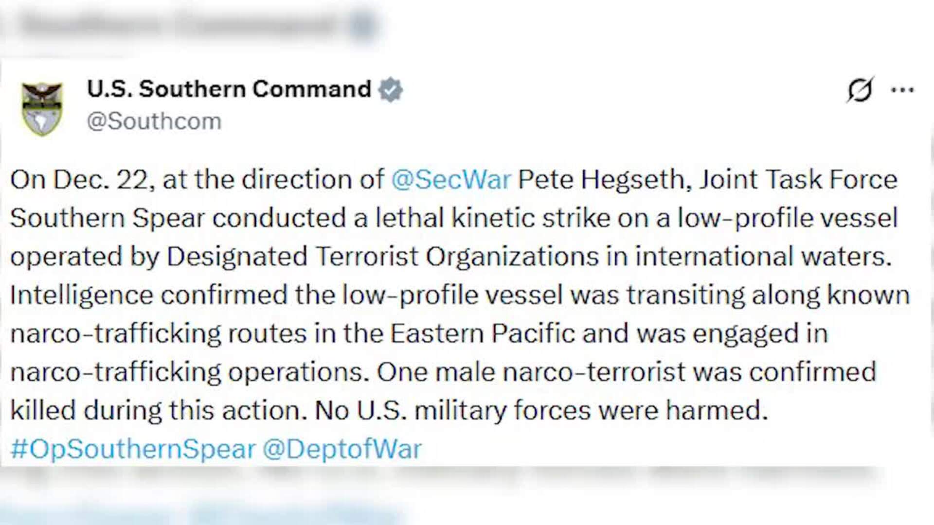 EEUU mata a una persona en un nuevo ataque contra una embarcación en el Pacífico