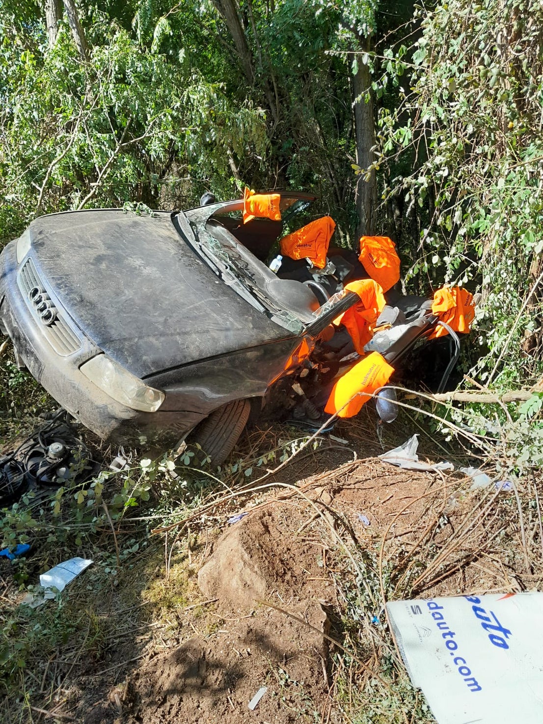 Los bomberos trabajan para rescatar a los dos ocupantes del turismo, que se ha salido de la vía y ha caído por un terraplén.