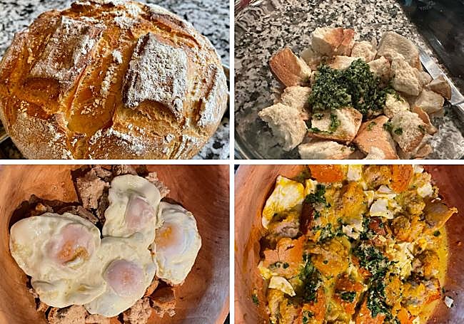 Pan candeal, el poleo machacado, los huevos y la mezcla con aceite y vinagre.