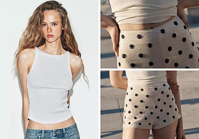 Short de lentejuelas y top blanco.