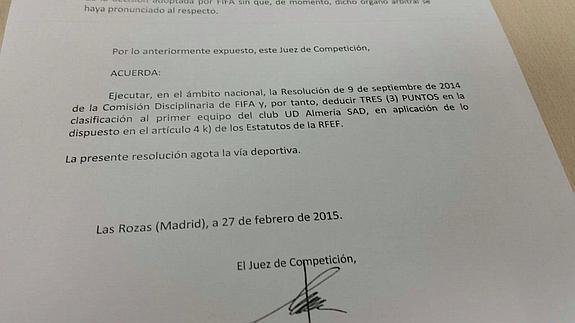 La RFEF quiere sancionar al Almería descontándole tres puntos