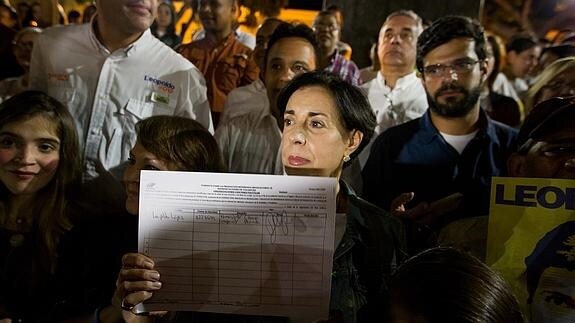 Antonieta Mendoza, madre de Leopoldo López, muestra la firma de su hijo. 