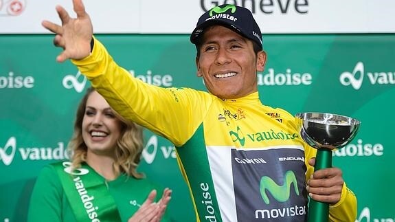 Nairo Quintana celebra su definitiva victoria en Romandía. 