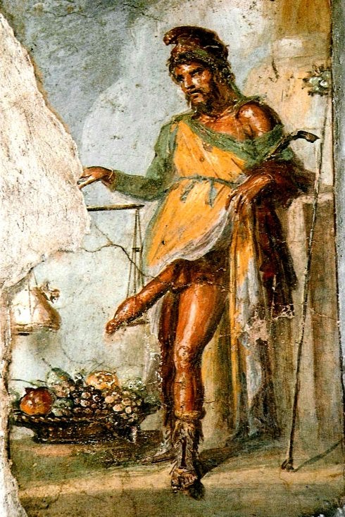 Fresco de Príapo en la Casa de los Vettii, en Pompeya, un protector amuleto contra el mal de ojo :: R. C.  