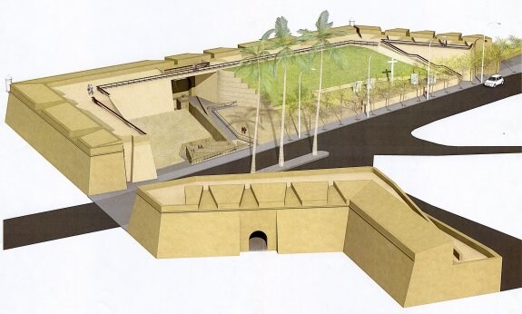 Recreación de cómo quedará el baluarte, con una escalera en cada extremo, tras la recuperación de las cañoneras y garitas, la rehabilitación del paseo de ronda, la integración de los restos arqueológicos en la zona izquierda y el traslado de las esculturas a la parte derecha del parque.