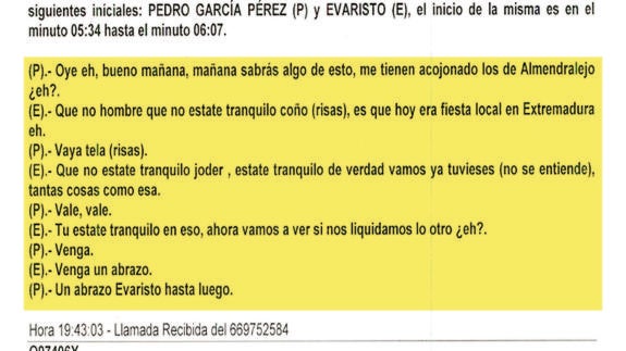 Transcripción de la Guardia Civil de una conversación teléfonica 