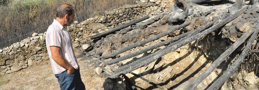 Un bombero del Sepei apaga el fuego en una casa de Hoyos.:: DAVID PALMA 