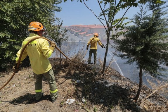 Los bomberos actúan ayer en la calle Dolores Ibarruri. :: andy solé