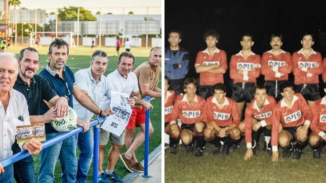 Izquierda. Paco Cordero, Flecha, Manuel Pérez, Luis Egea, Barragán y Portu posan en el Municipal de Montijo. Derecha. Integrantes de aquel mítico equipo que hizo soñar a Montijo con eliminar a un Primera