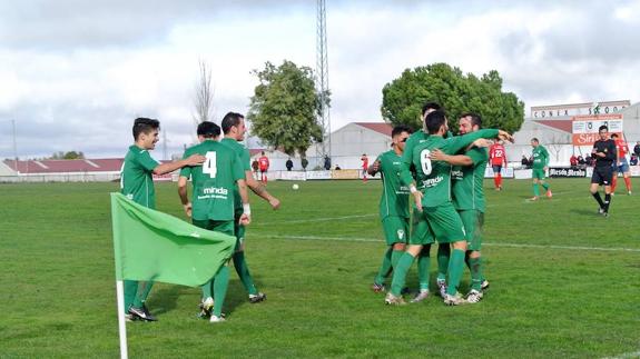 Los jugadores del Fuente de Cantos celebran el gol de Borja. :: J. C. ZAMBRANO