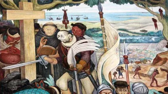 La llegada de Hernán Cortés a Veracruz, por Diego Rivera.