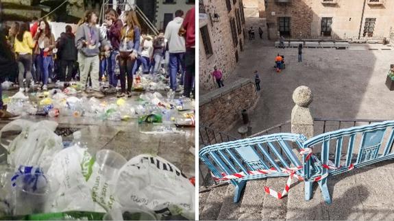 Cada jornada del festival genera gran cantidad de basura, sobre todo de los envases de plástico/ Una de las dos pilastras agrietadas en la Plaza de San Jorge.