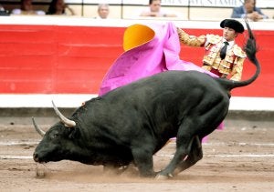 Uno de los toros retirados por caerse varias veces ante el matador Alberto Aguilar. ::                             EFE