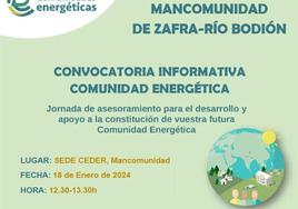 Convocada una sesión informativa sobre las comunidades energéticas en el CEDER Zafra-Río Bodión