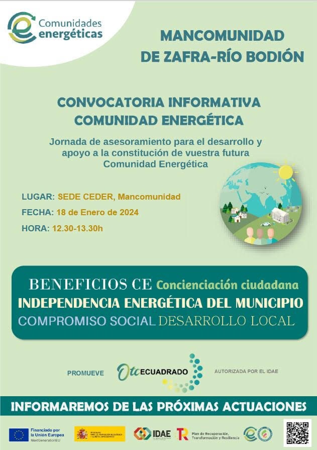 Convocada una sesión informativa sobre las comunidades energéticas en el CEDER Zafra-Río Bodión