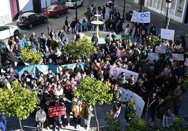 Foto de grupo durante la caminata a su paso por la plaza del ayuntamiento