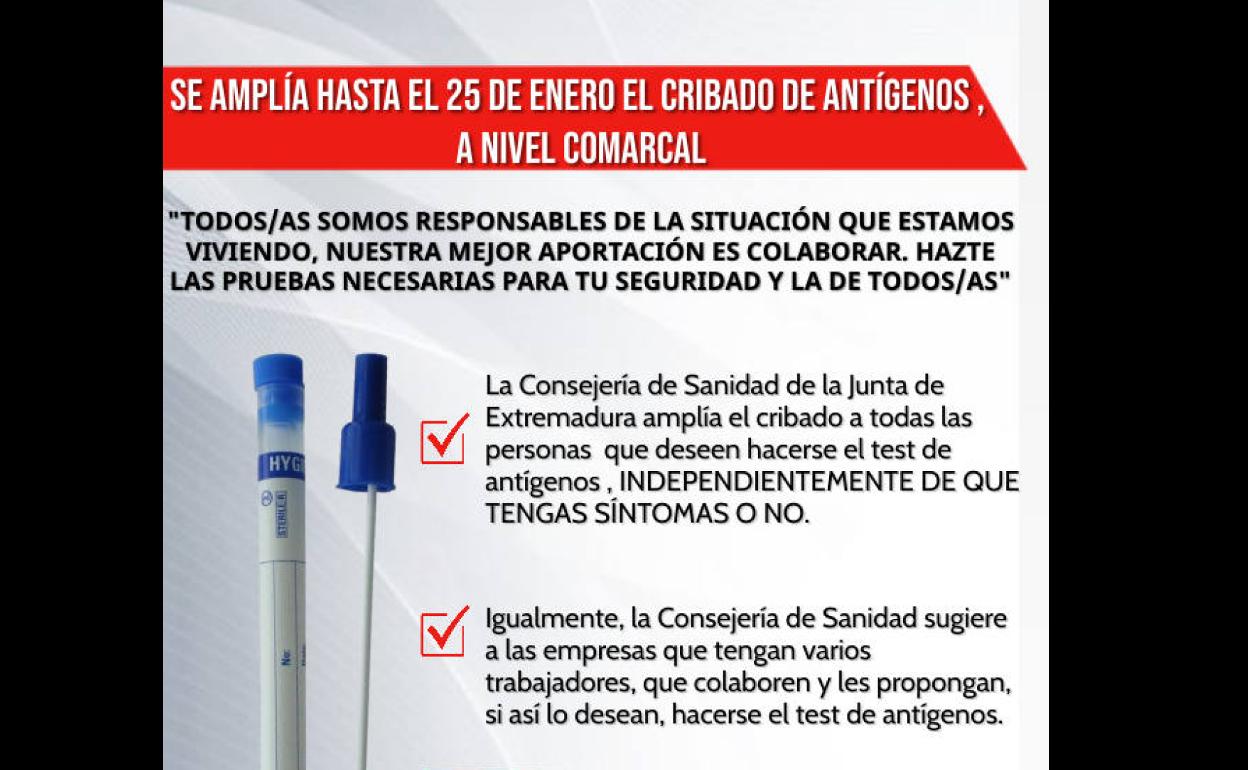 La Junta amplía hasta el 25 de enero el cribado masivo de test de antígenos en la comarca de La Serena