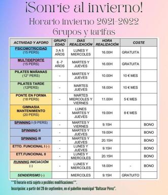 Horarios de las actividades deportivdas 