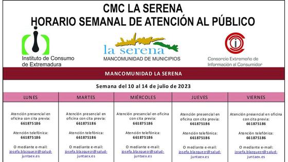 Horario semanal de Atención al público de CMC La Serena