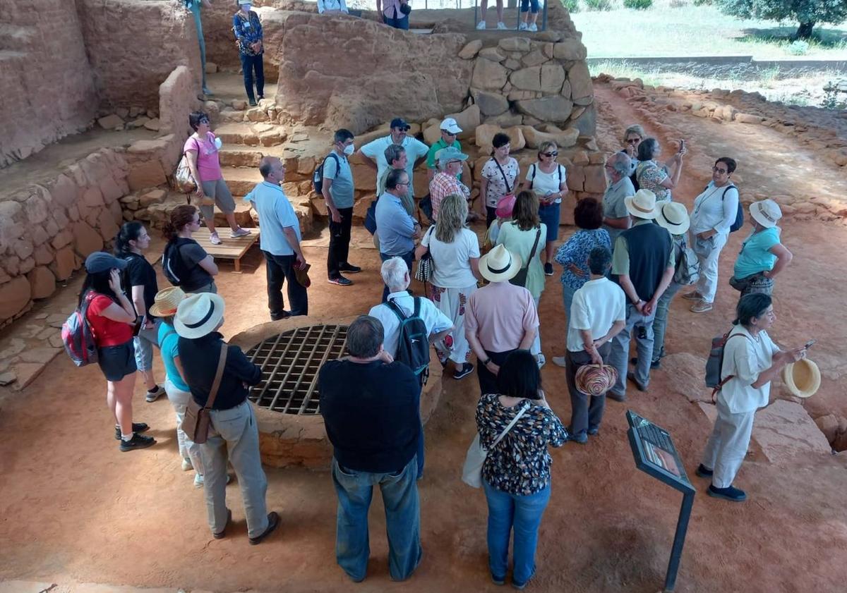 Imagen principal - Un grupo de la Asociación de Amigos del Museo Arqueológico Nacional (MAN) de Madrid visitando el yacimiento.