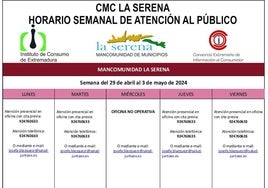 Horario semanal de Atención al público de CMC La SerenaEl jueves 13 la ruta pasará por Zalamea de la Serena