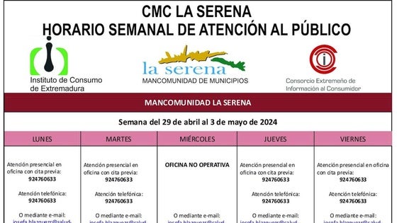 Horario semanal de Atención al público de CMC La SerenaEl jueves 13 la ruta pasará por Zalamea de la Serena