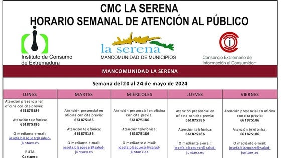 Horario semanal de Atención al público de CMC La Serena