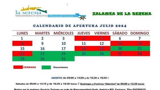 Horarios de las Oficinas de Turismo de la Mancomunidad para julio