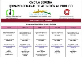 Horario semanal de Atención al público de CMC La Serena
