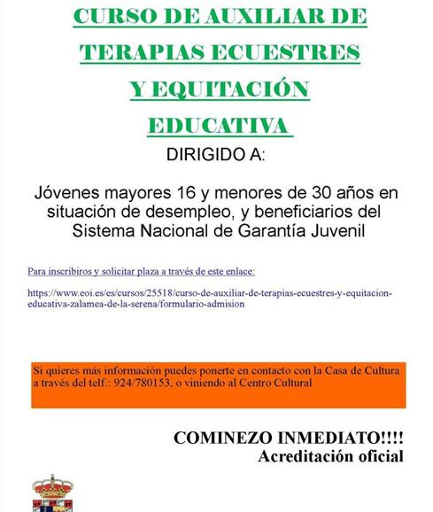 Zalamea acogerá un curso de auxiliar de terapias ecuestres y equitación